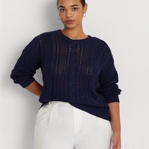 Lauren Ralph‎ Lauren Aran-Knit Cotton Long Sleeve Sweater Navy Size XL